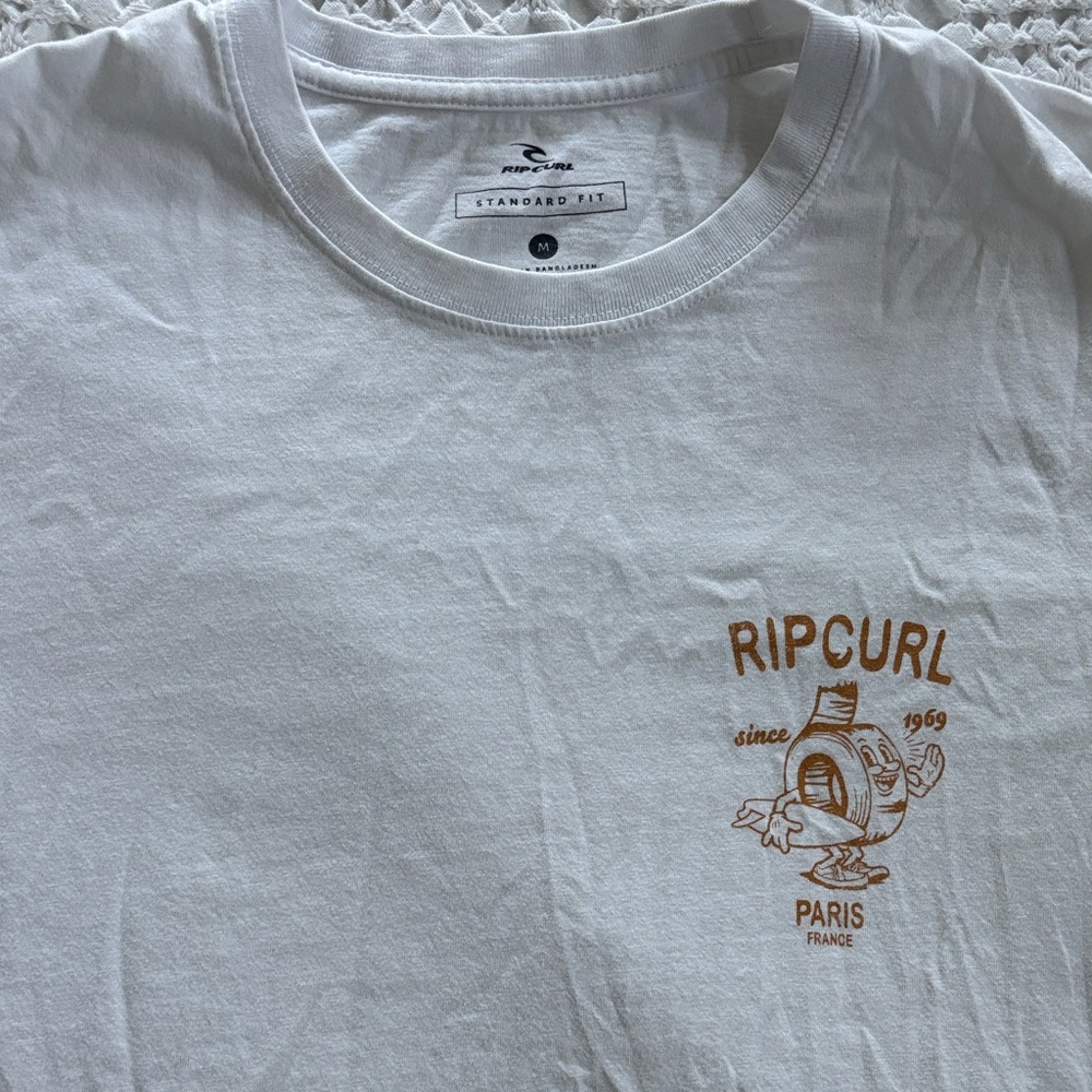 Rip Curl White Short Sleeve Graphic Crew Tee with Tan Paris Logo